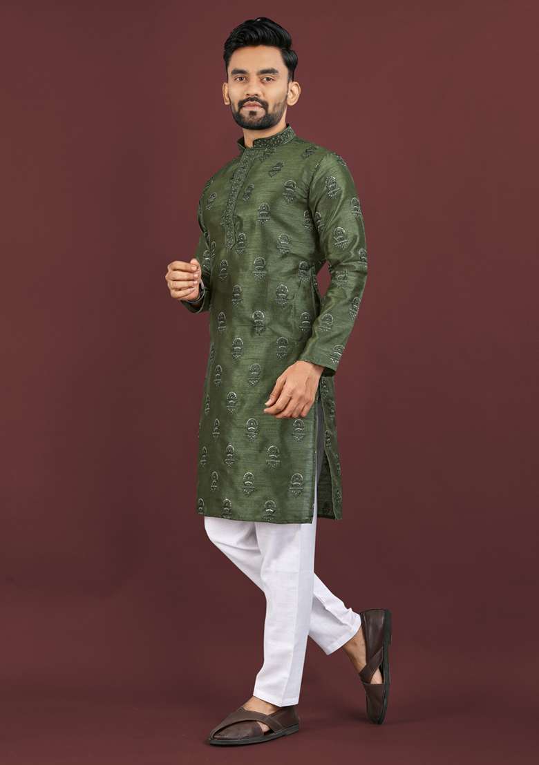 Green Embroidery Silk Men Kurta Set - Indya