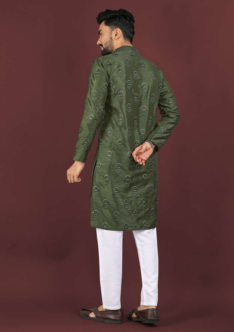 Green Embroidery Silk Men Kurta Set - Indya