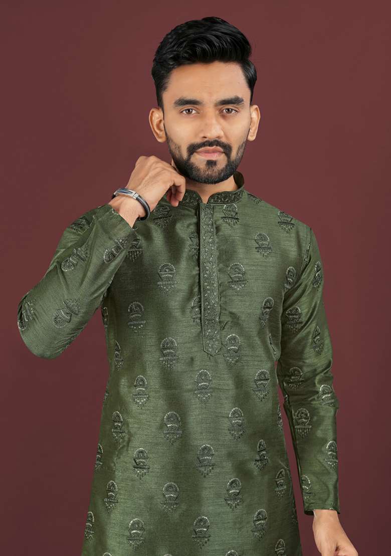 Green Embroidery Silk Men Kurta Set - Indya