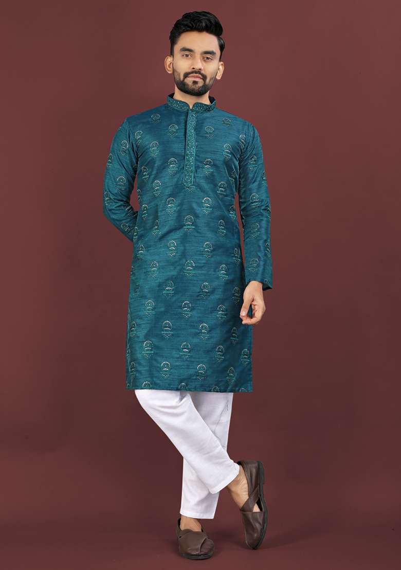 Blue Embroidery Silk Men Kurta Set - Indya
