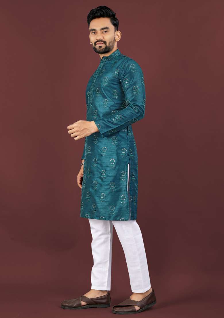 Blue Embroidery Silk Men Kurta Set - Indya