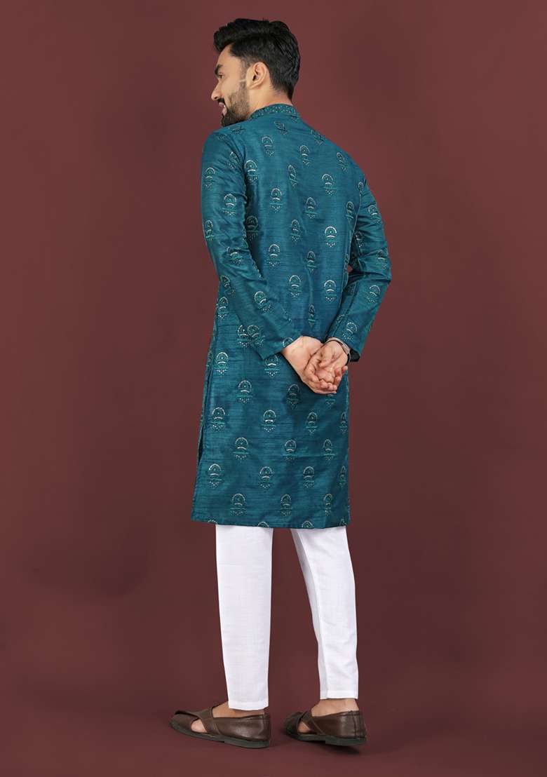 Blue Embroidery Silk Men Kurta Set - Indya