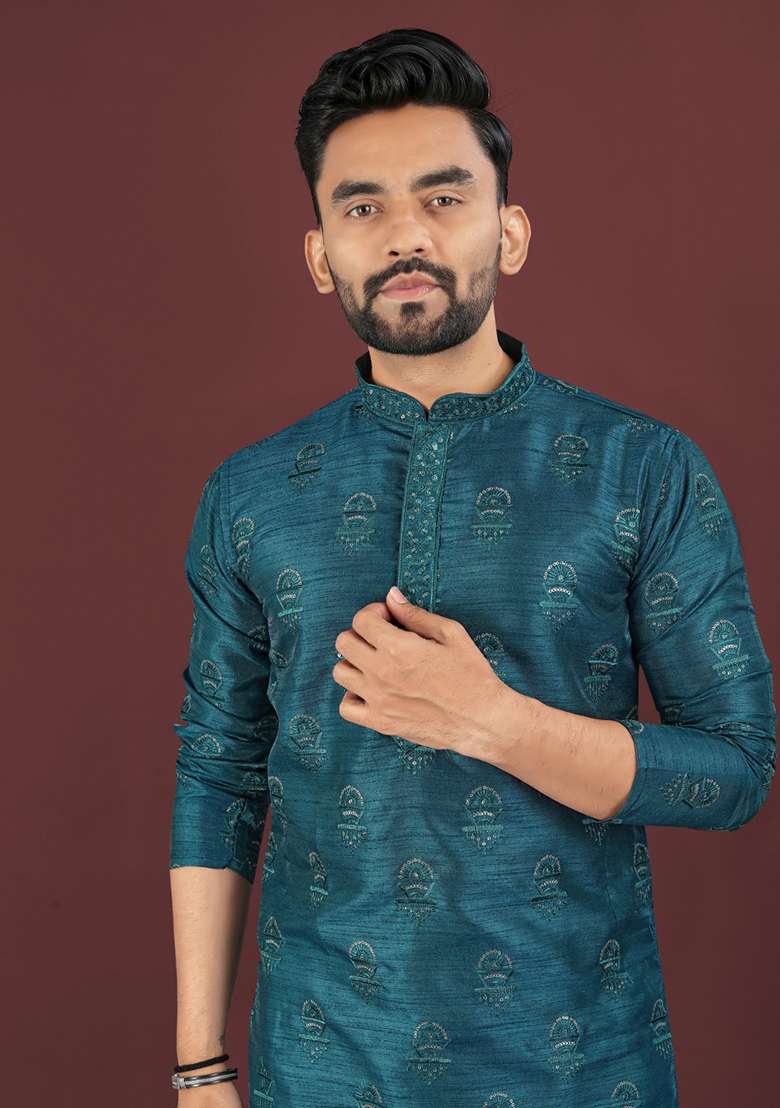 Blue Embroidery Silk Men Kurta Set - Indya