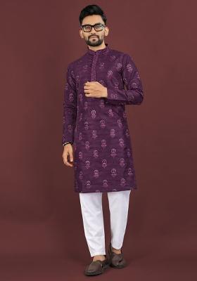 Purple Embroidery Silk Men Kurta Set