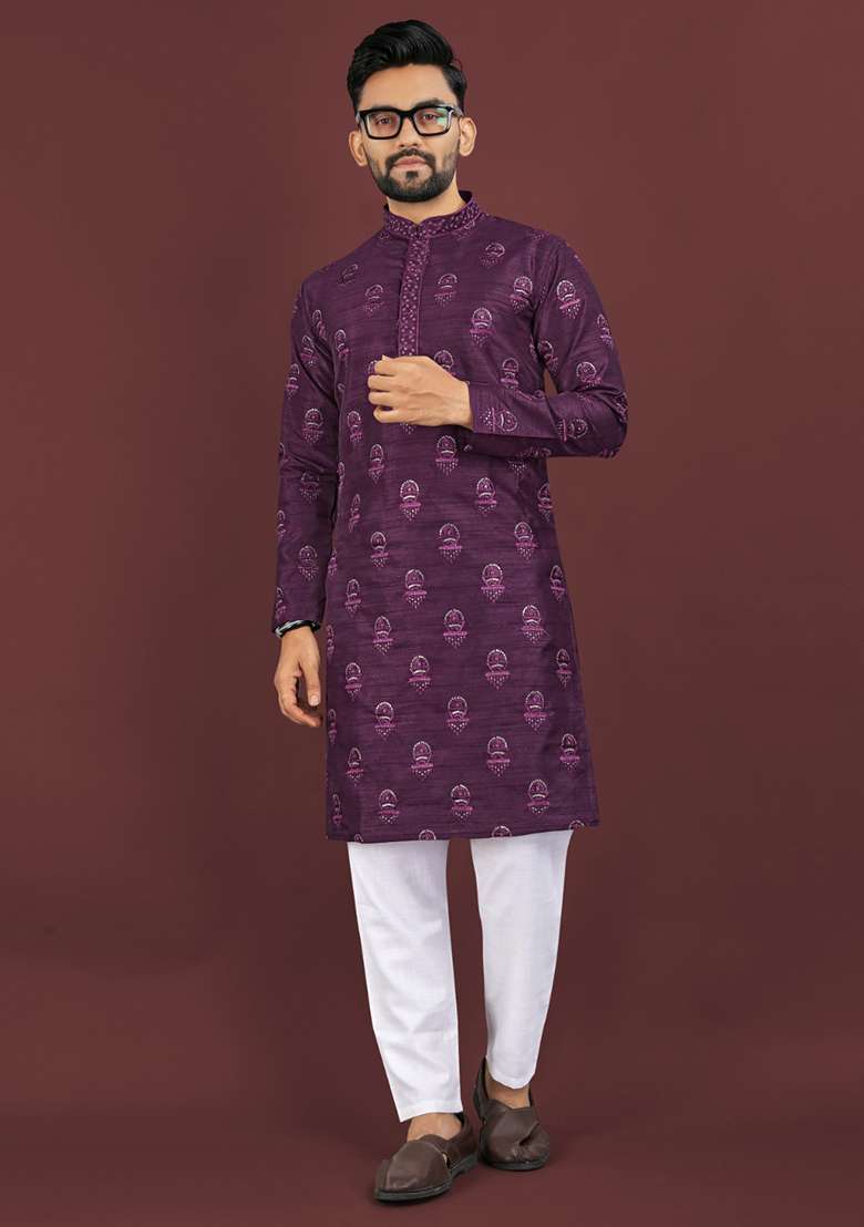 Purple Embroidery Silk Men Kurta Set - Indya