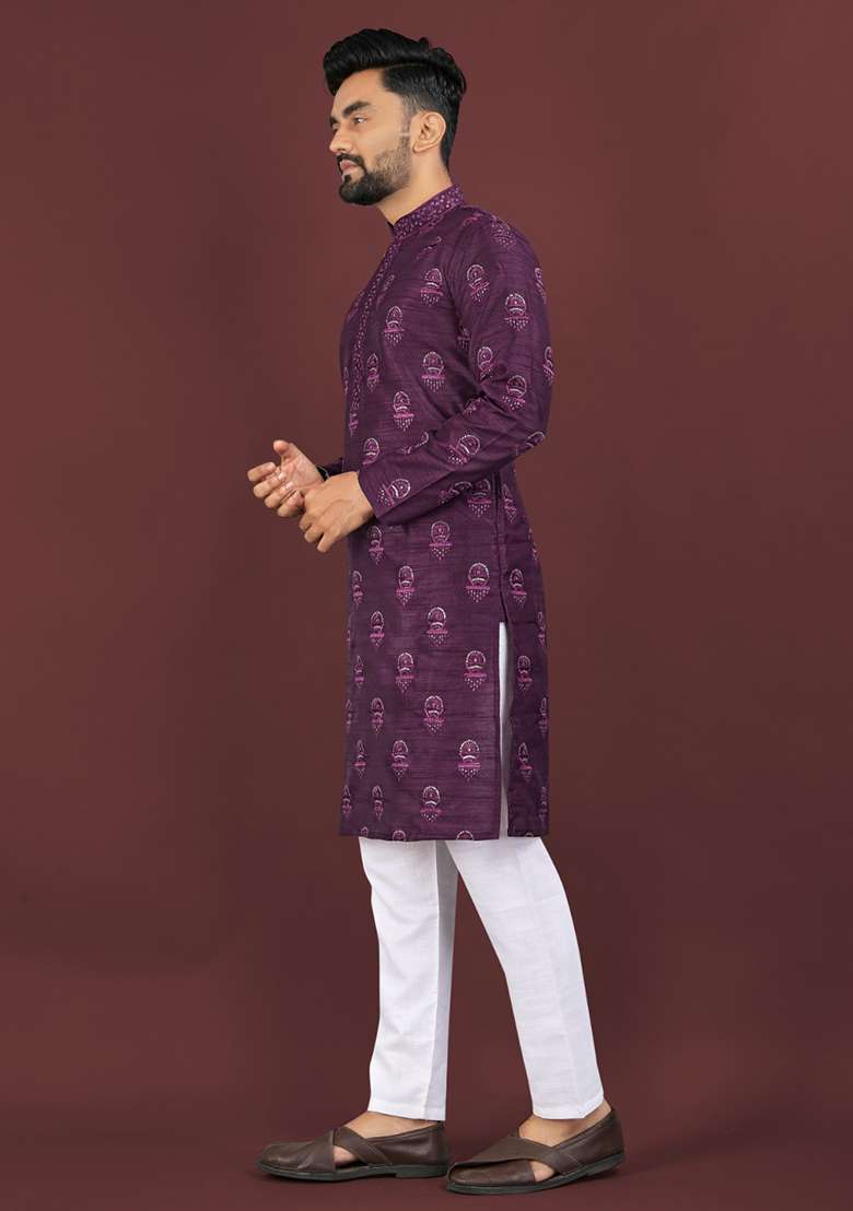 Purple Embroidery Silk Men Kurta Set - Indya