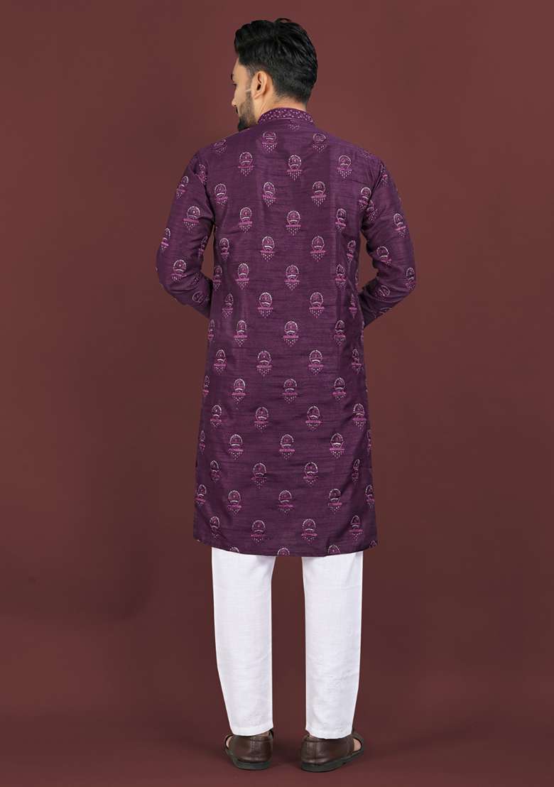 Purple Embroidery Silk Men Kurta Set - Indya