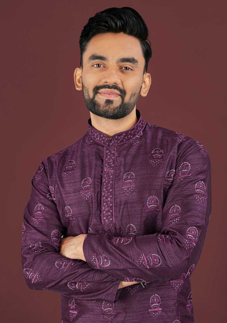 Purple Embroidery Silk Men Kurta Set - Indya