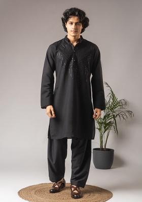 Black Embroidery Silk Kurta For Men