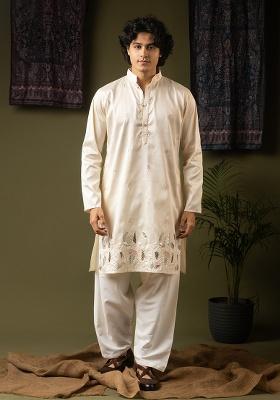 Off White Embroidery Silk Kurta For Men