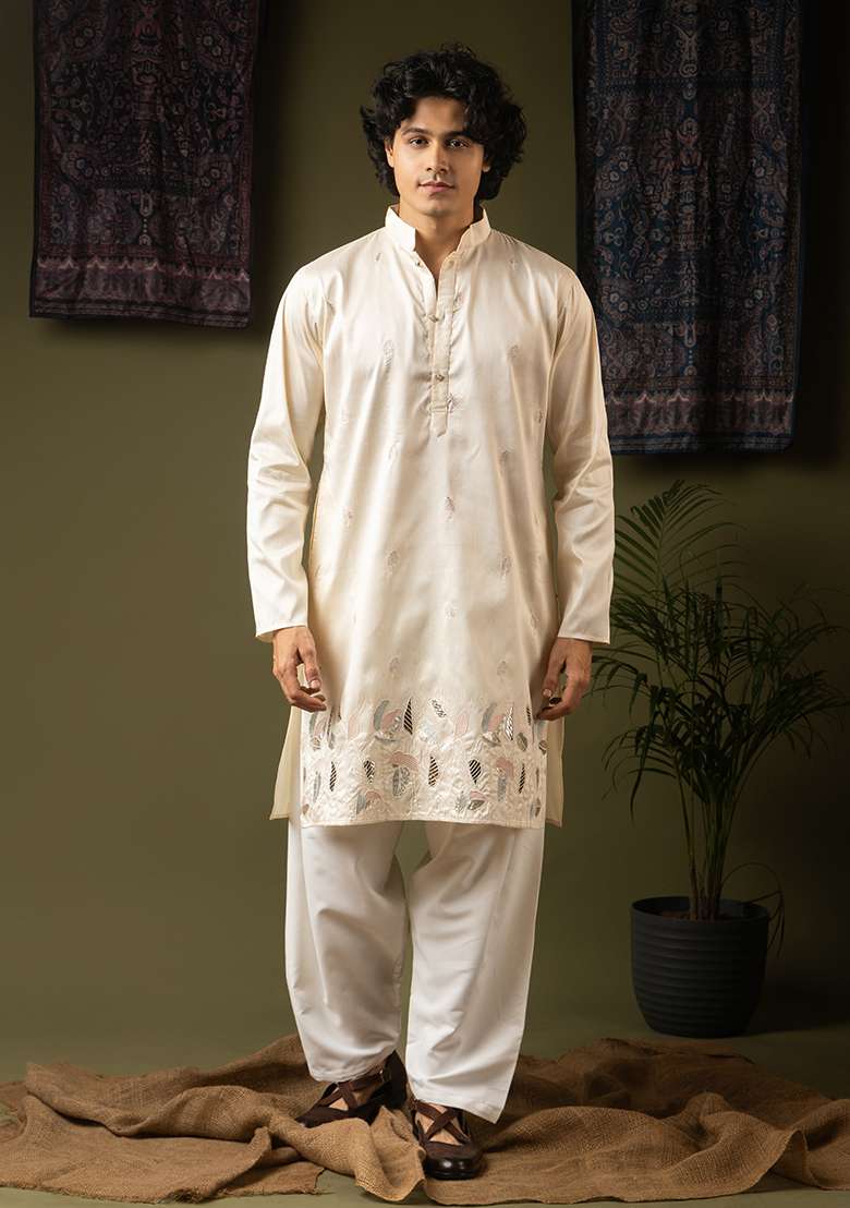 Off White Embroidery Silk Kurta For Men - Indya