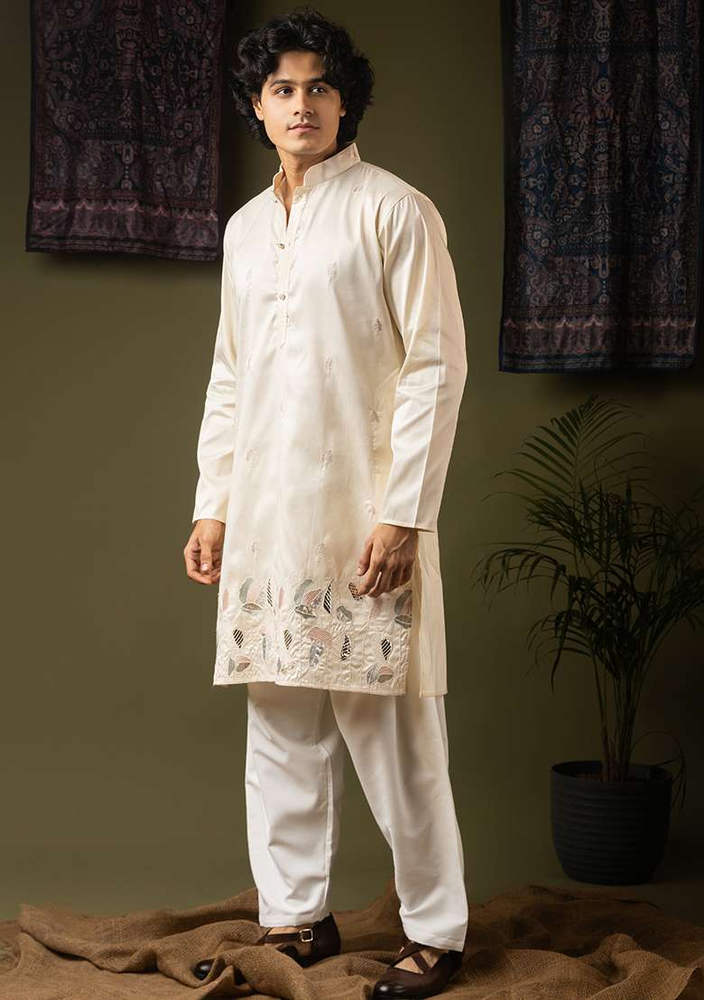 Off White Embroidery Silk Kurta For Men - Indya