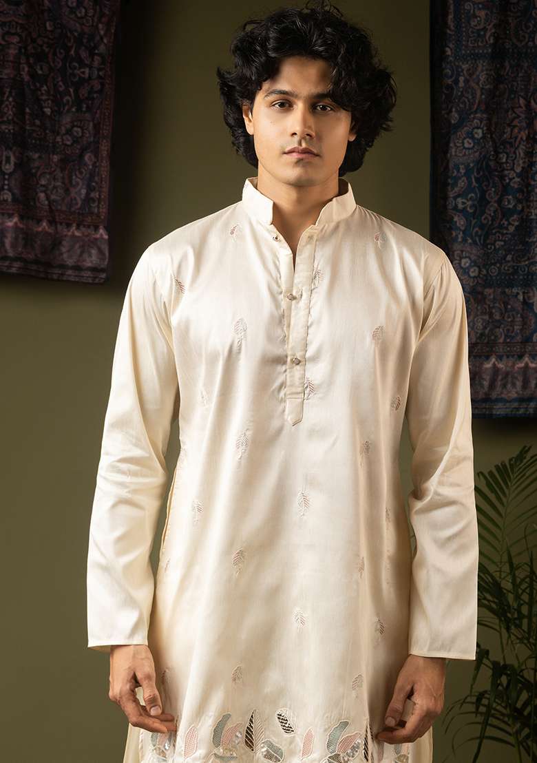 Off White Embroidery Silk Kurta For Men - Indya