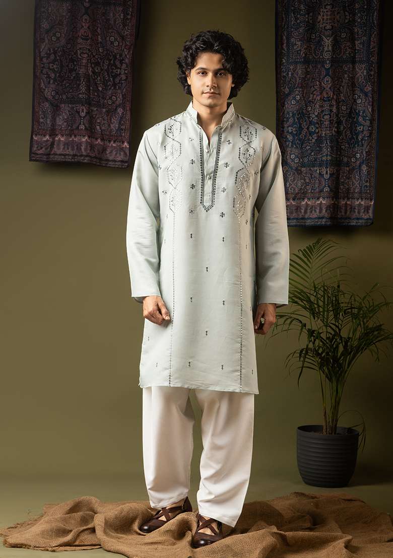 Sea Blue Embroidery Silk Kurta For Men - Indya