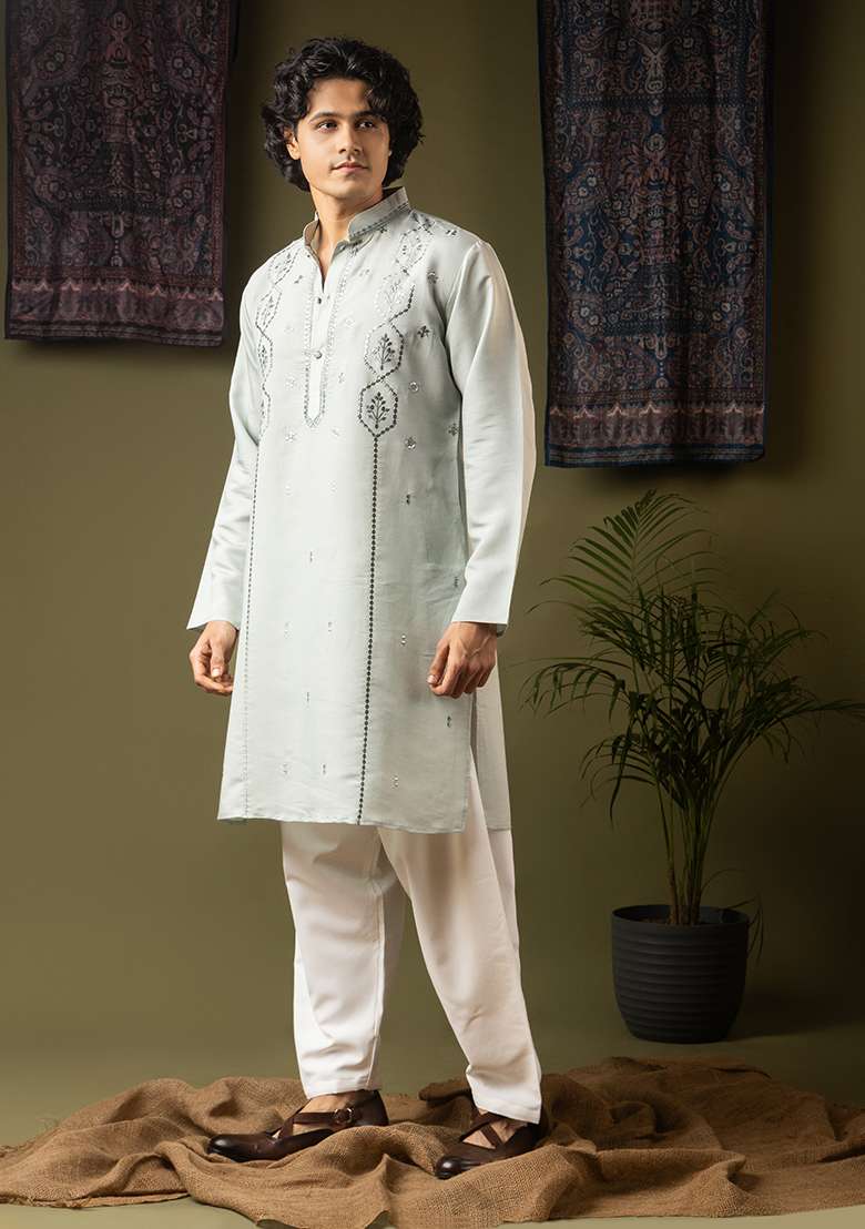 Sea Blue Embroidery Silk Kurta For Men - Indya