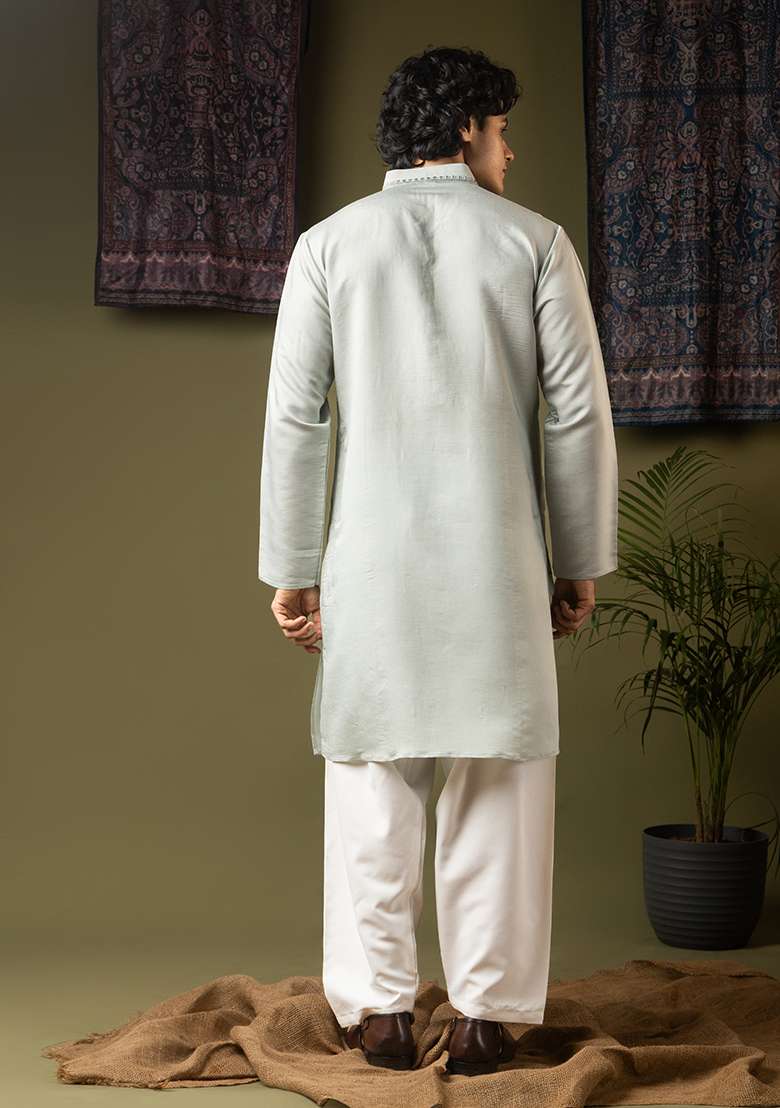 Sea Blue Embroidery Silk Kurta For Men - Indya