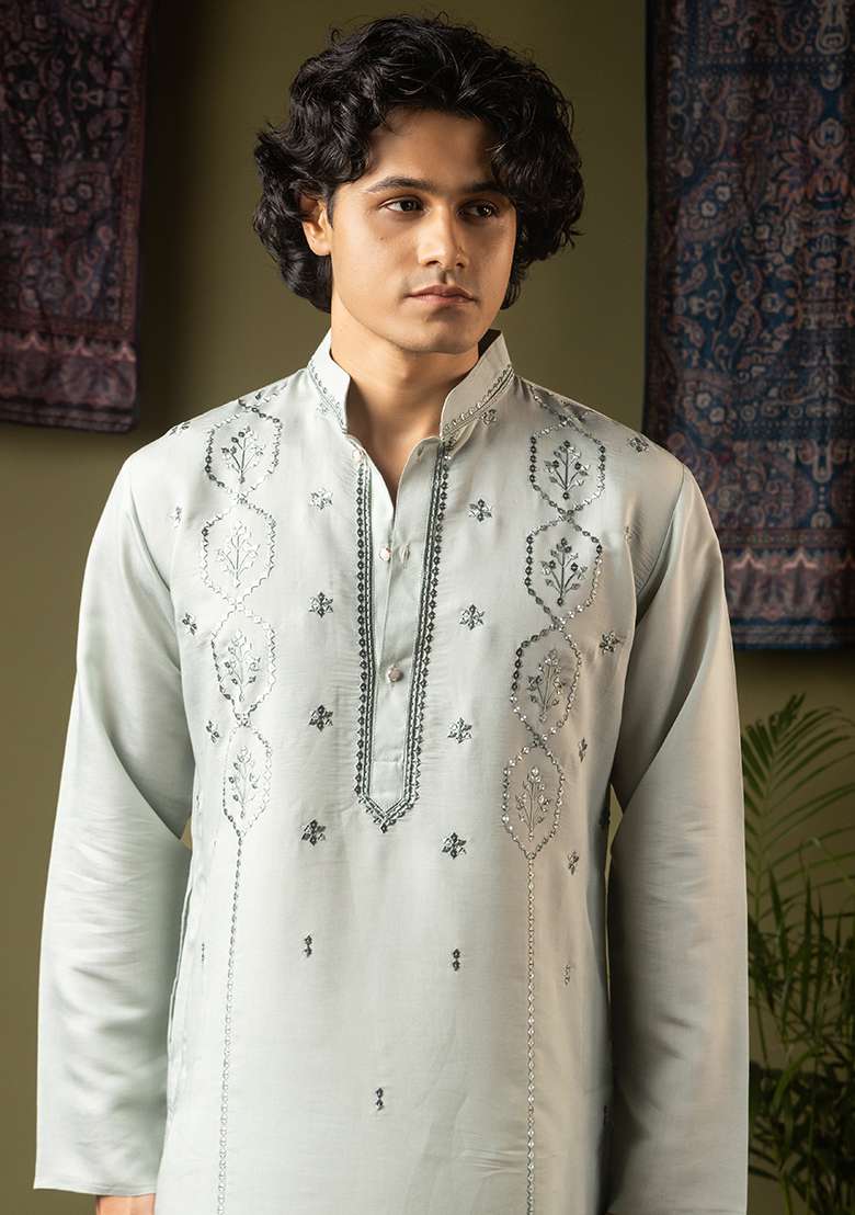Sea Blue Embroidery Silk Kurta For Men - Indya