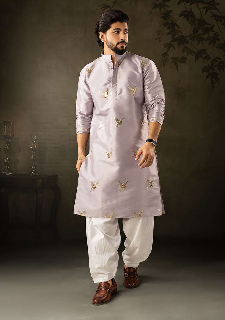 Light Purple Embroidery Silk Kurta For Men - Indya