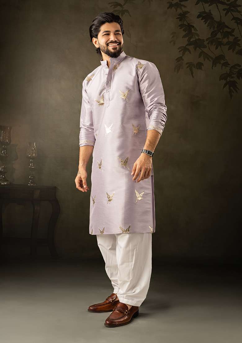 Light Purple Embroidery Silk Kurta For Men - Indya