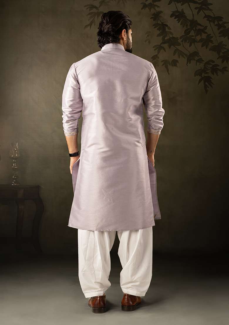 Light Purple Embroidery Silk Kurta For Men - Indya