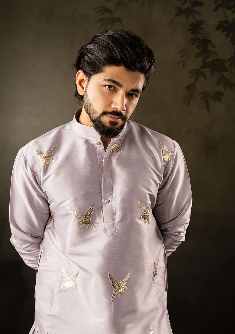 Light Purple Embroidery Silk Kurta For Men - Indya