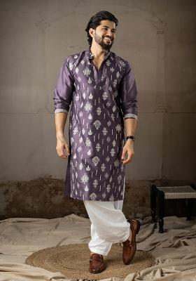 Purple Embroidery Silk Kurta For Men
