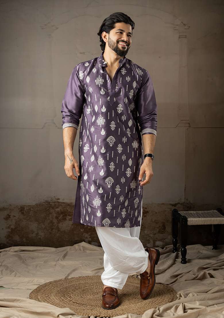 Purple Embroidery Silk Kurta For Men - Indya
