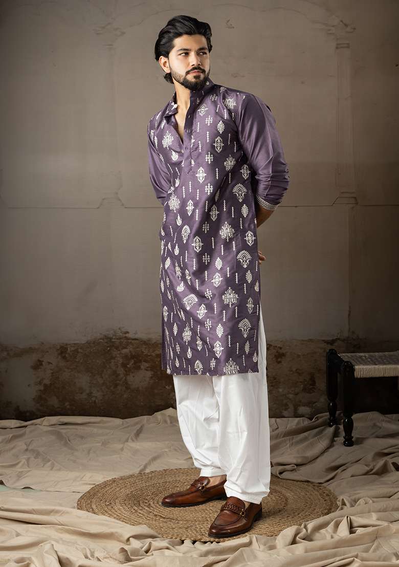 Purple Embroidery Silk Kurta For Men - Indya