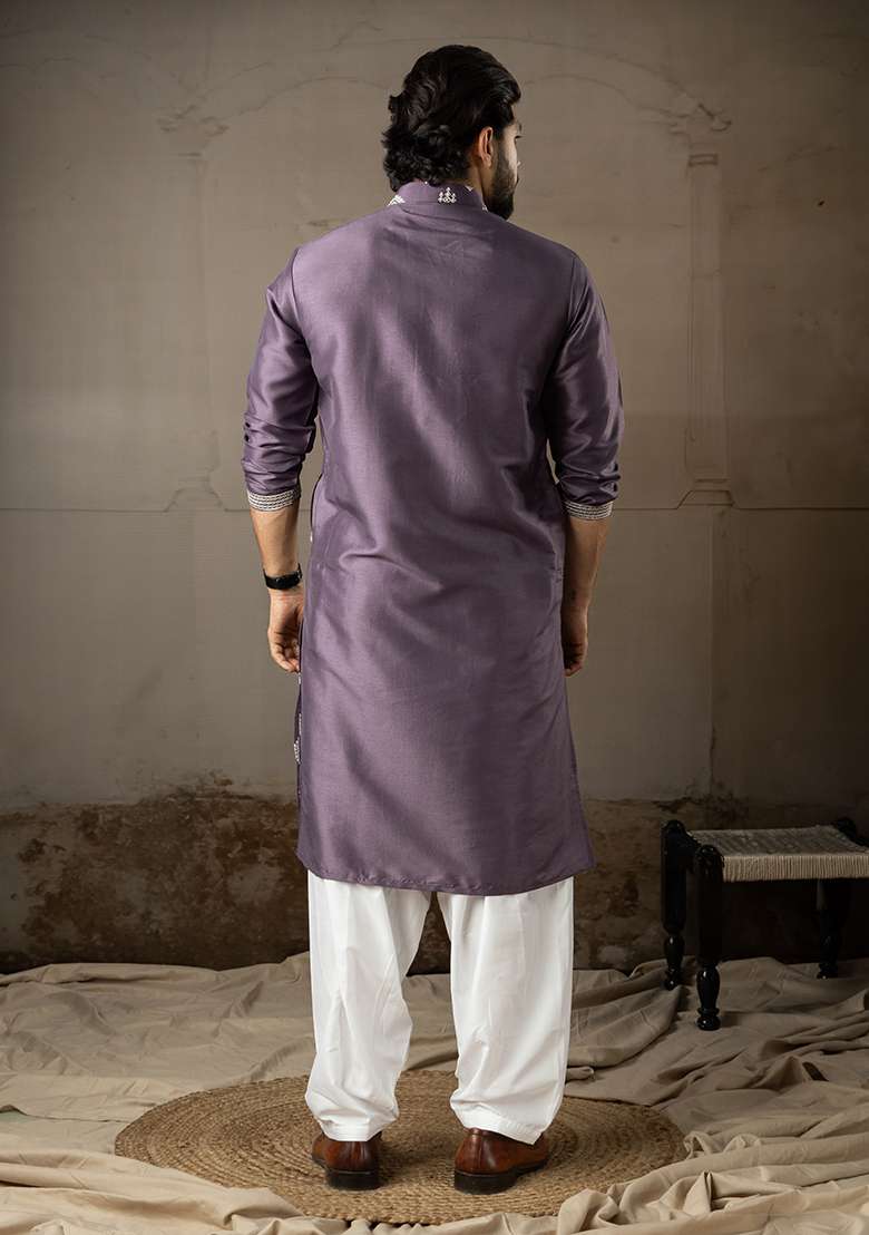 Purple Embroidery Silk Kurta For Men - Indya