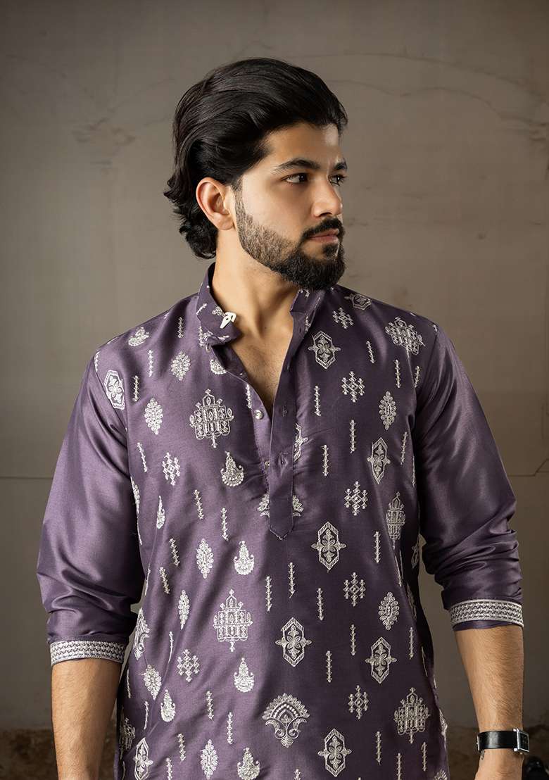 Purple Embroidery Silk Kurta For Men - Indya