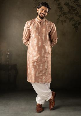 Chocolate Brown Embroidery Silk Kurta For Men