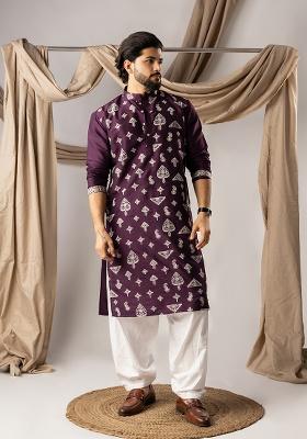Dark Purple Embroidery Silk Kurta For Men