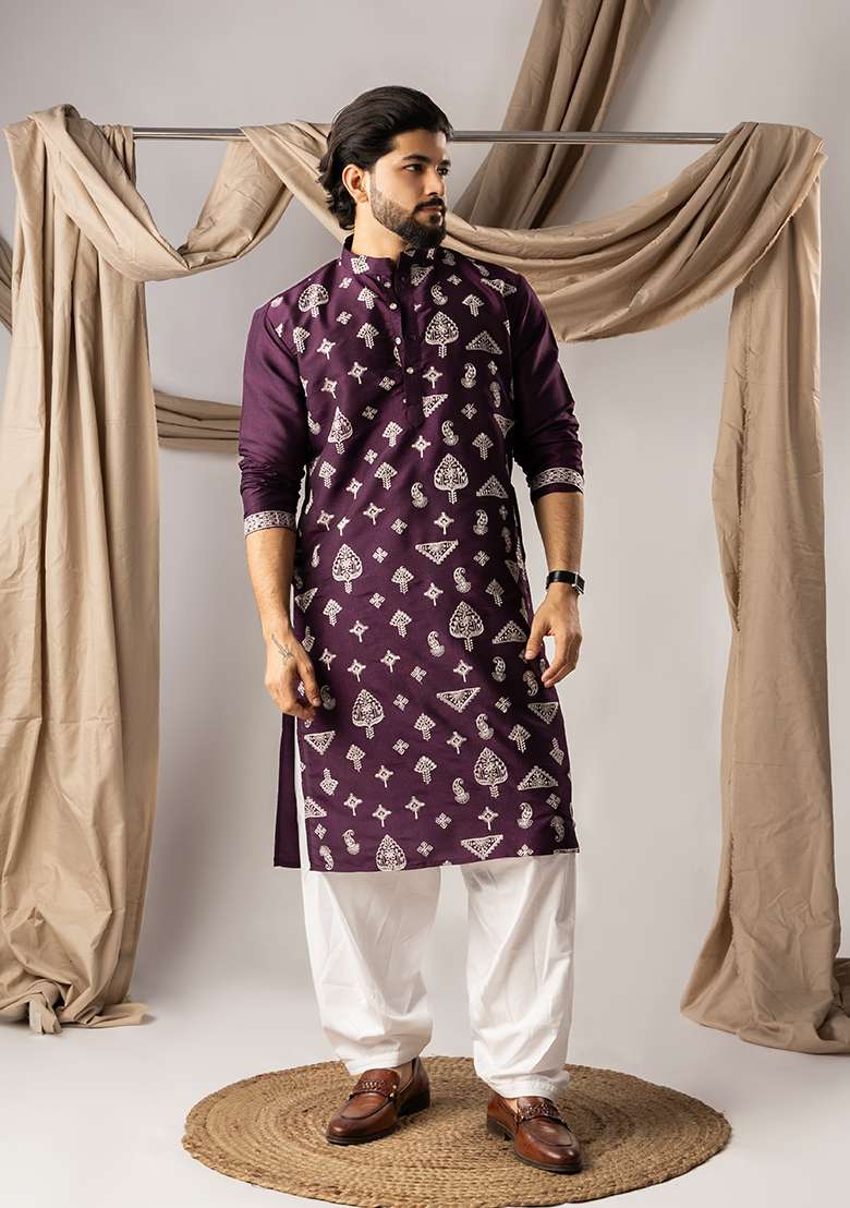 Dark Purple Embroidery Silk Kurta For Men - Indya