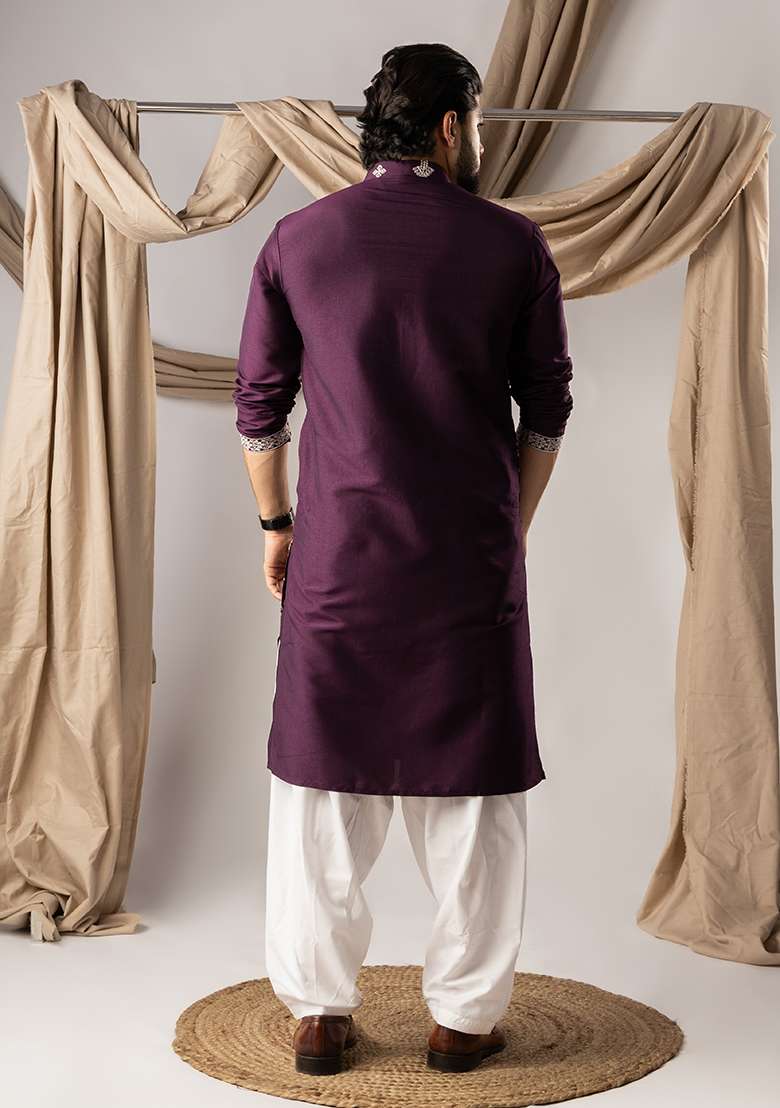 Dark Purple Embroidery Silk Kurta For Men - Indya