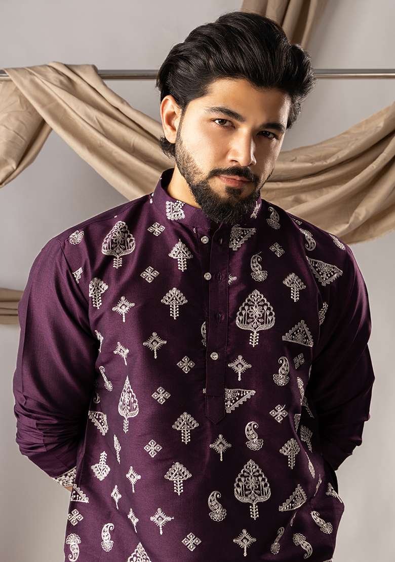 Dark Purple Embroidery Silk Kurta For Men - Indya