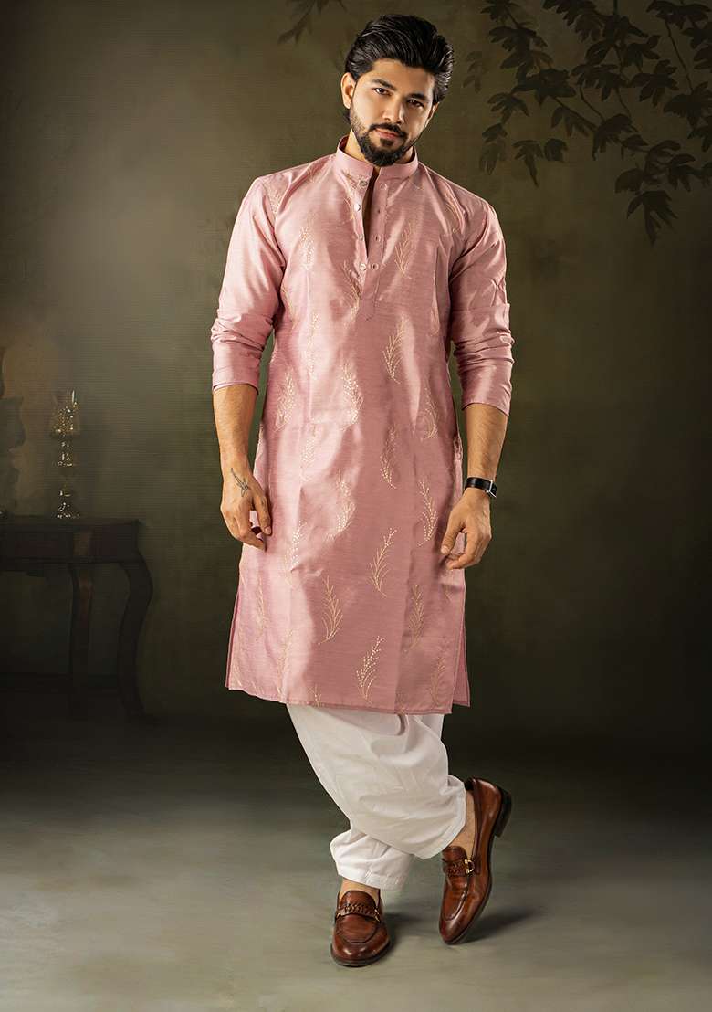 Pink Embroidery Silk Kurta For Men - Indya