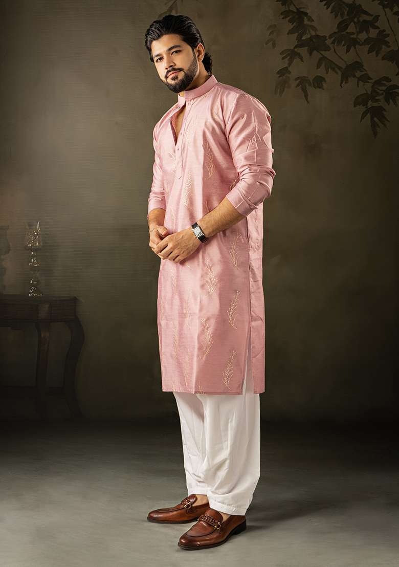 Pink Embroidery Silk Kurta For Men - Indya