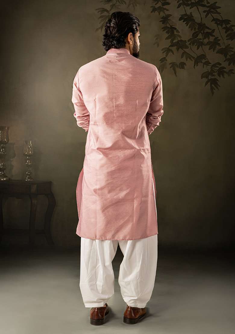Pink Embroidery Silk Kurta For Men - Indya
