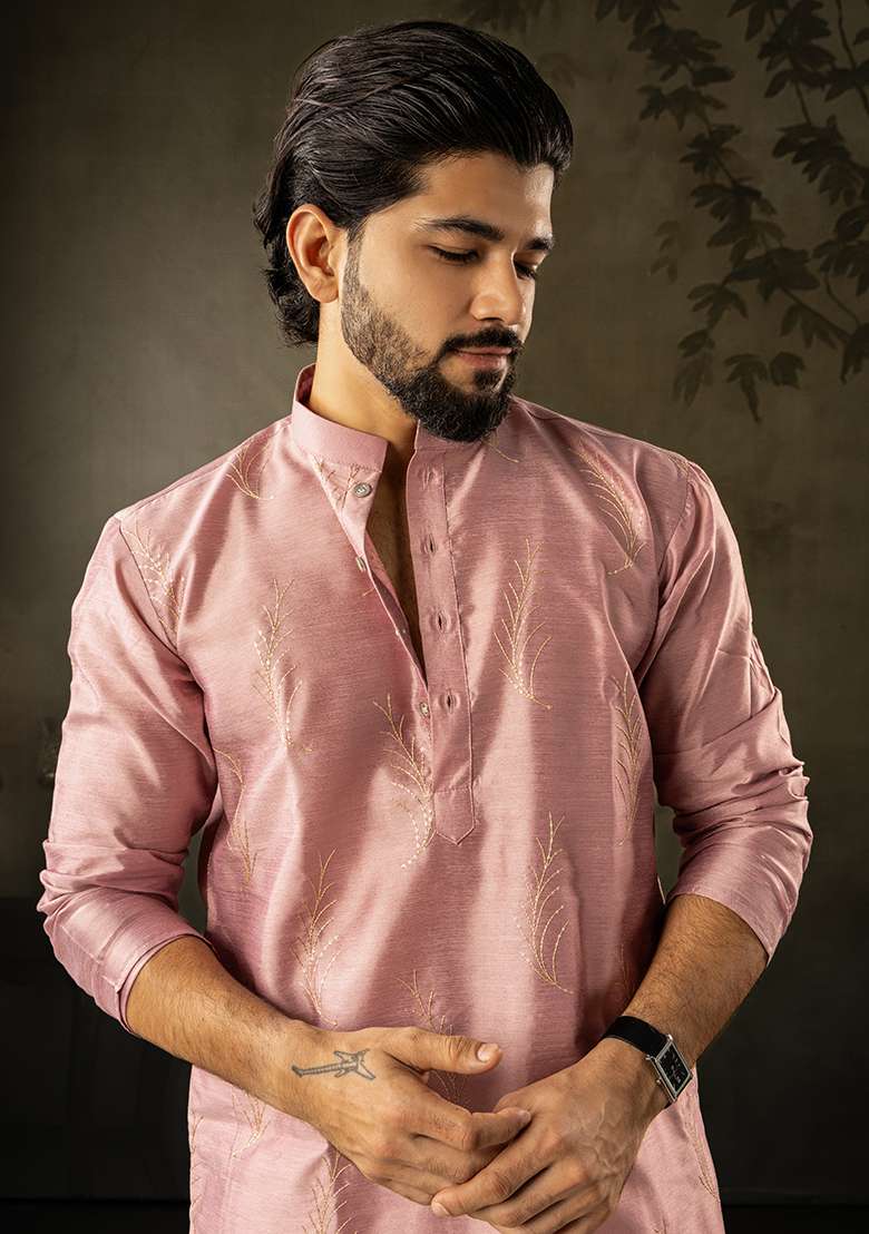 Pink Embroidery Silk Kurta For Men - Indya