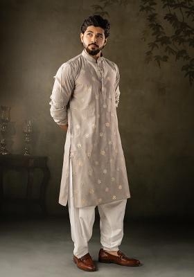 Grey Embroidery Silk Kurta For Men