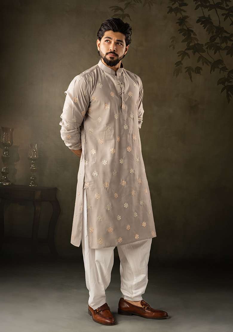Grey Embroidery Silk Kurta For Men - Indya