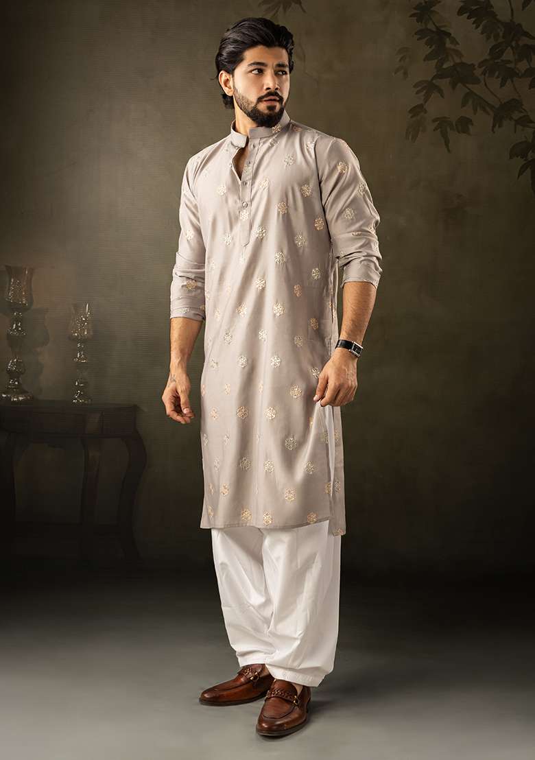 Grey Embroidery Silk Kurta For Men - Indya