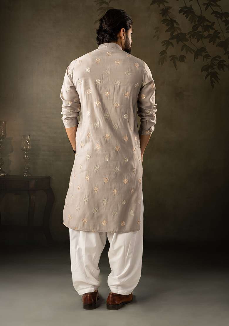 Grey Embroidery Silk Kurta For Men - Indya