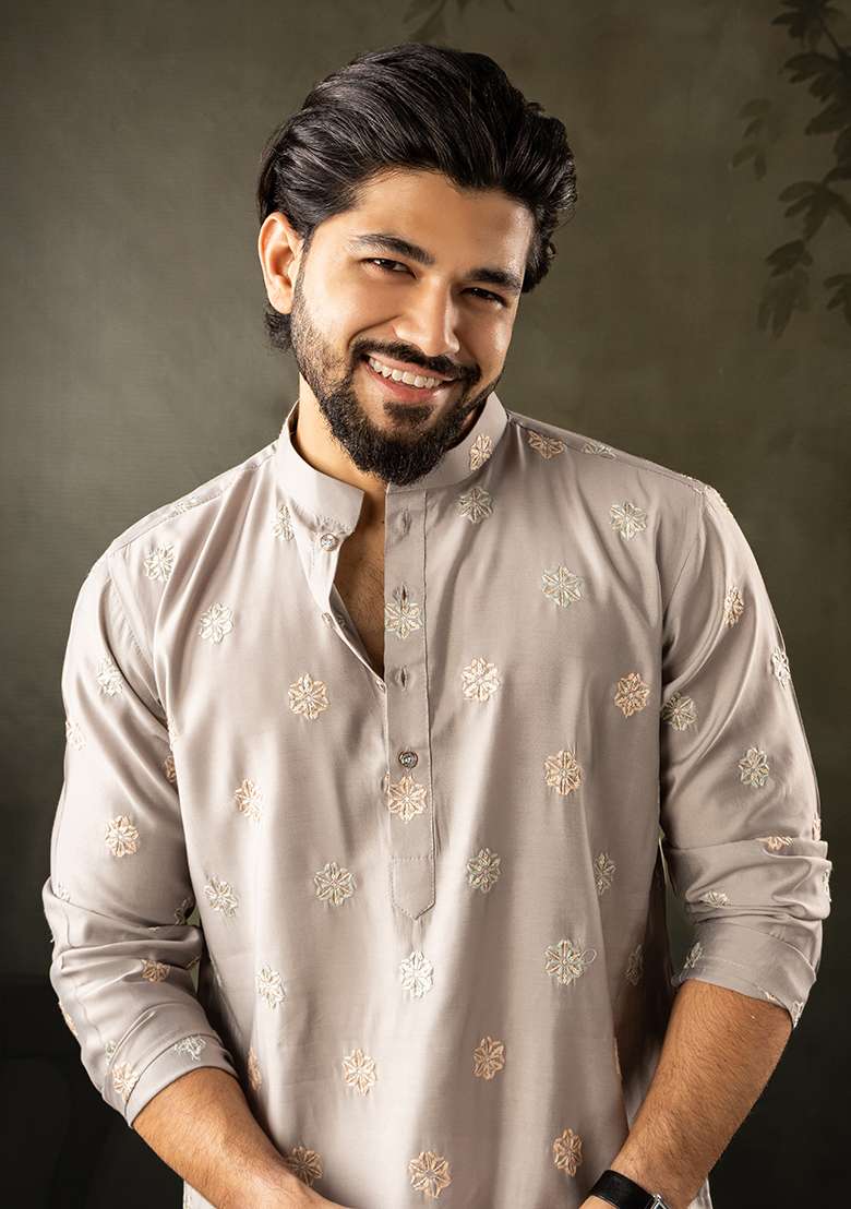 Grey Embroidery Silk Kurta For Men - Indya