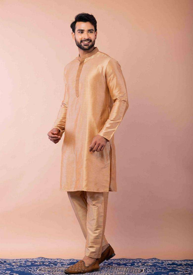 Beige Embroidery Silk Blend Kurta Set For Men - Indya