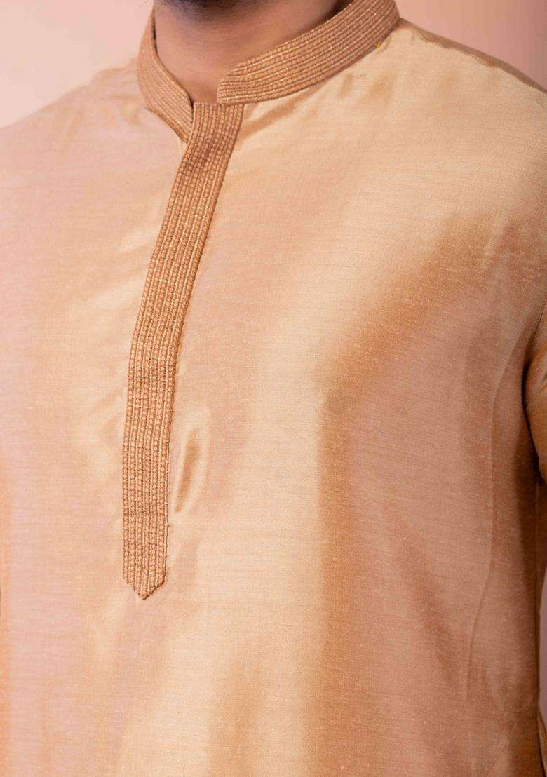 Beige Embroidery Silk Blend Kurta Set For Men - Indya