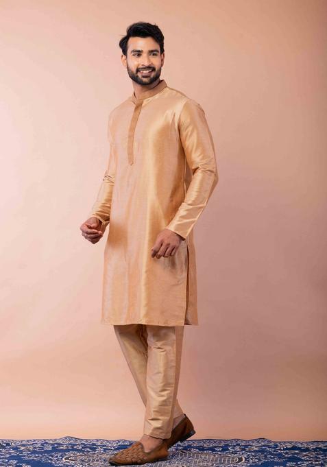Beige Embroidery Silk Kurta Set For Men