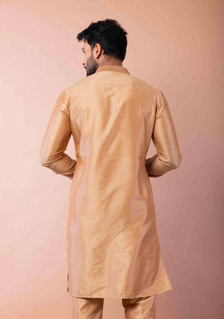 Beige Embroidery Silk Blend Kurta For Men - Indya