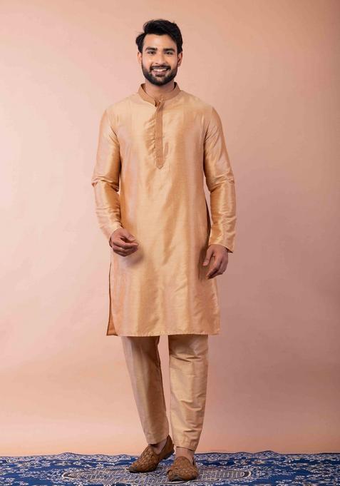 Beige Embroidery Silk Kurta Set For Men