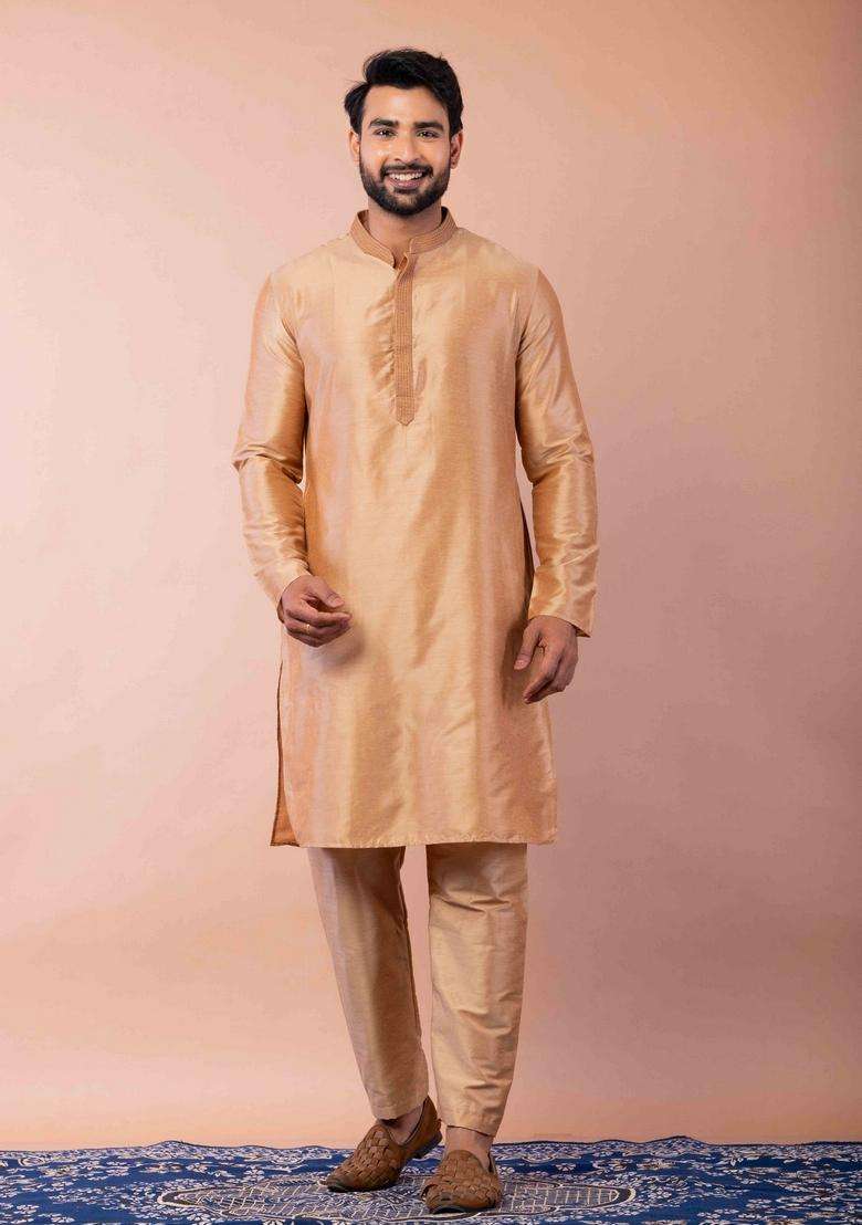Beige Embroidery Silk Blend Kurta For Men - Indya